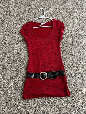 Body Central Red Knit Scoop Neck Dress with Black Woven Belt